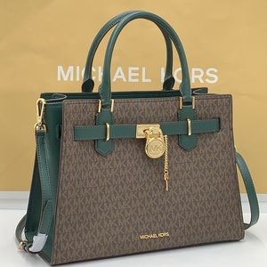 Michael Kors Hamilton Meidum Satchel Shoulder Crossbody Racing Green Signature